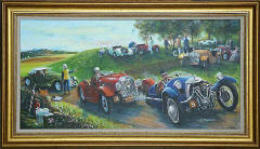 One of a series of paintings of Morgan Cars by 'The Leith Artist', Frank Forsgard Manclark  -  Title:  Up the Doune Hillclimb