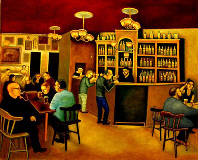 Painting by Edinburgh artist, Michael McVeigh  -  Bow Bar, Edinburgh  -  Is it acrylic?