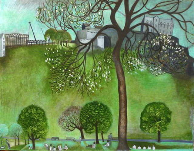 Painting by Edinburgh artist, Michael McVeigh  -  Edinburgh Castle and Princes Street Gardens  -  Is it acrylic?
