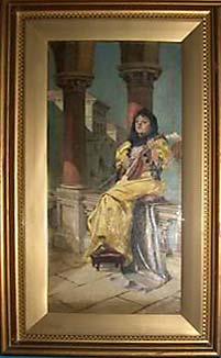 A photograph of a painting of a lady with a mandolin, by Robert F Sherar who lectured to Edinburgh Photographic Society in the early 1900s