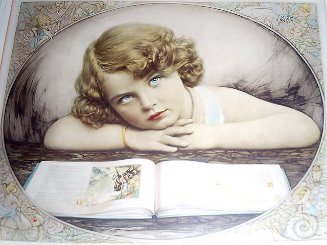 Portrait by J Bacon of a girl with a book, suurrounded by fairies and goblins