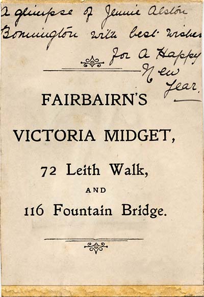 The back of one of Fairbairn's Victoria Midget photographs  -  No message on the front