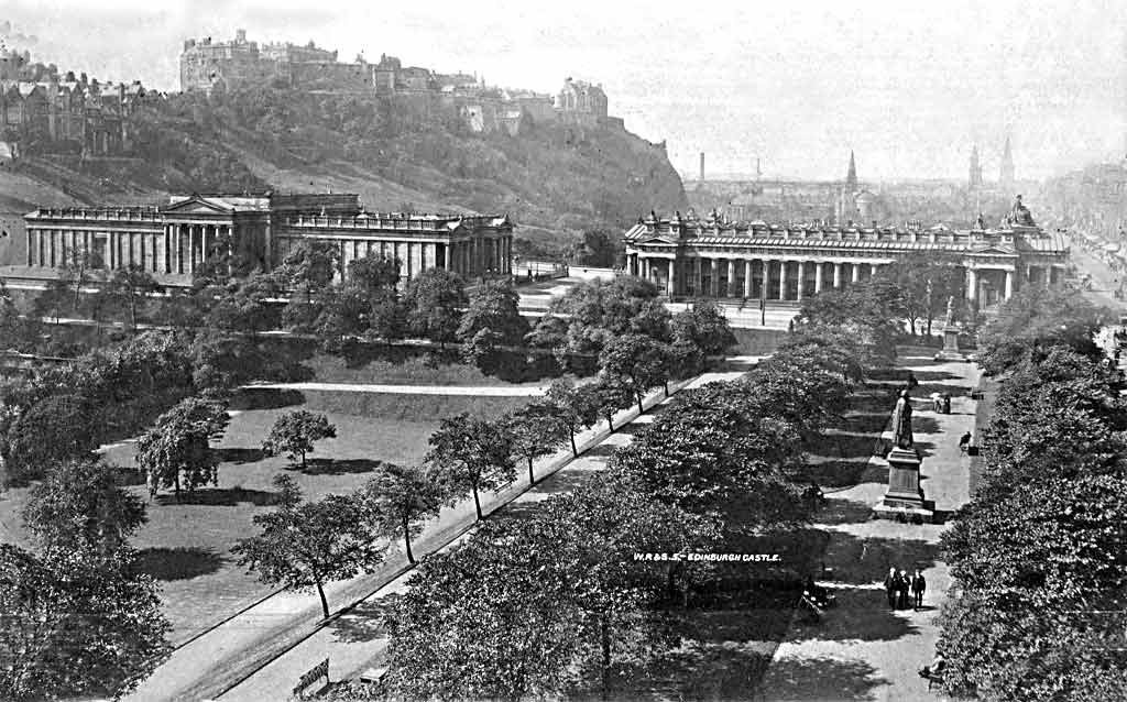 Photograph probably taken by T P Lugton, in the W R & S series  -  View of Edinburgh Castle and the National Galleries taken from the Scott Monument