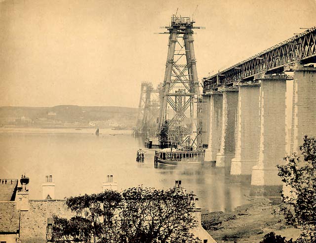 A photograph by A H Rushbrook of the Forth Rail Bridge under construction