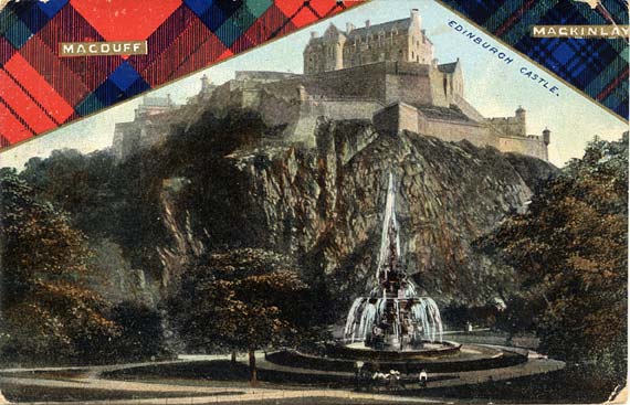 B & R 'Camesra Series Postcard  -  Edonburgh Castle with Macduff and Mackinlay tartans