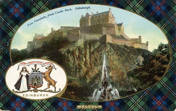 B & R Ltd Postcard  -  Rdinburgh Castel and the Ross Fountain, with Malcolm tartan