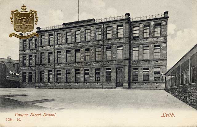 Hartmann Postcard with coat of arms  -  Couper Street School, Leith