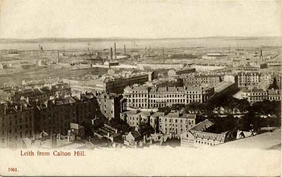 Post card by Hartmann  -  Looking down on Leith from Calton Hill