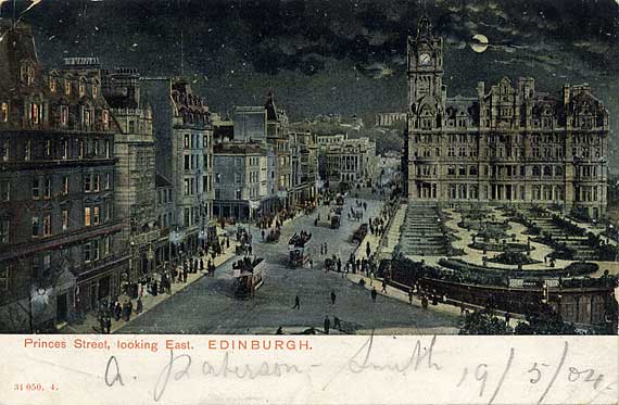 Hartmann Postcard  -  Princes Street Looking East  -  Moonlight effect