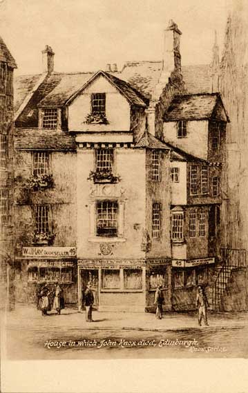 John Knox House in the Royal Mile  -  described in this 'Knox series' post card by W J Hay as "House in which John Knox died".