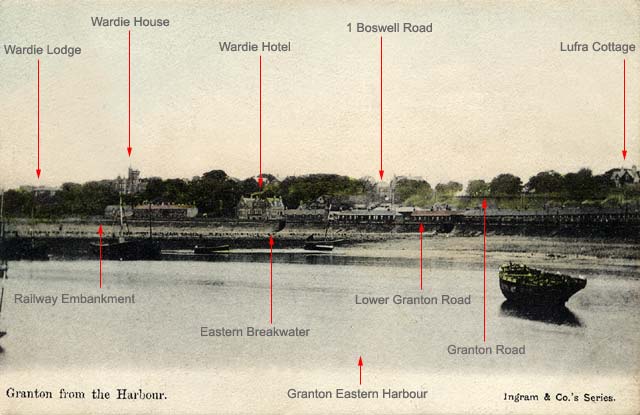 View of Wardie and Granton from Granton Harbour  -  Post card, c.1904 with legends added