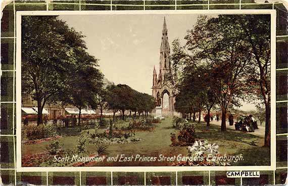 J M Postcard  -  Caledonia Series  -  Scott Monument and East Princes Street Gardens