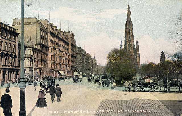 'National Series' postcard  -  The Scott  Monument and East Princes Street  -  view from the west from in front of the National Galleries of Scotland