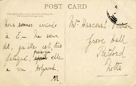 The back of a postcard with a message written in French  -  John Patrick  -  Chapel Royal, Holyrood