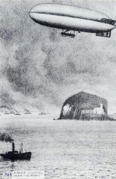 Postcard by Reginald P Phillimore  -  Airship over the Bass Rock