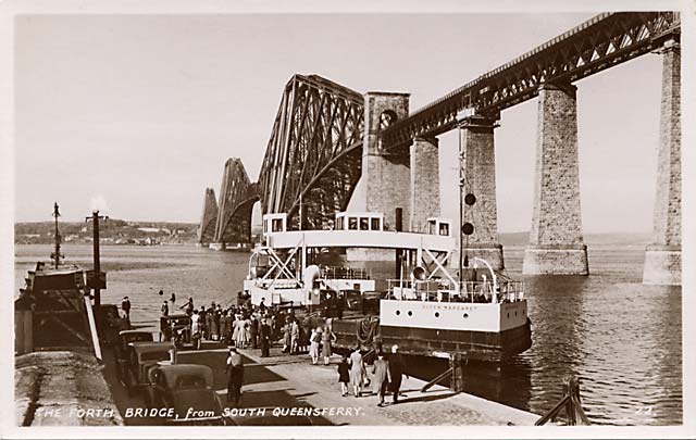 The Forth Bridge and the ferry boat, Queen Margaret, on the Queensferry Passage, moored at Hawes Pier, South Queensferry.  When might this photo have been taken?The Ferry Boat, Queen Margaret at Hawes Pier, beneath the Forth Bridge - When might this photo have been taken?