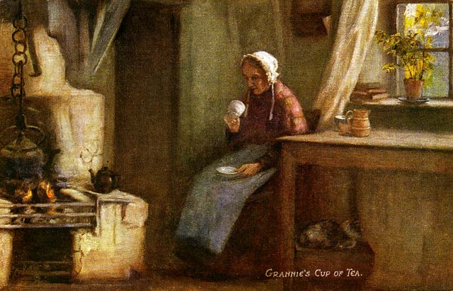 Raphael Tuck Postcard  -   'Oilette', Scottish Life and Character series  -  Grannie's Cup of Tea