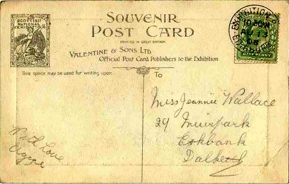 The back of a Valentine Postcard of the Water Chute at the Scottish National Exhibition, Edinburgh, 1908
