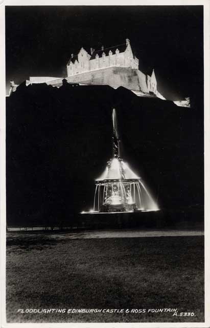 Valentine postcard - Edinburgh Castle and the Ross Fountain, floodlit