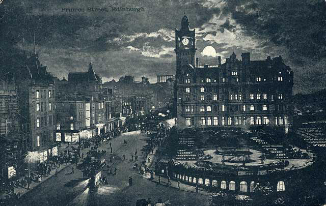 Postcard by Valentine  -   Princes Street and the North British Hotel  -  Moonlight series  -  Posted 1904