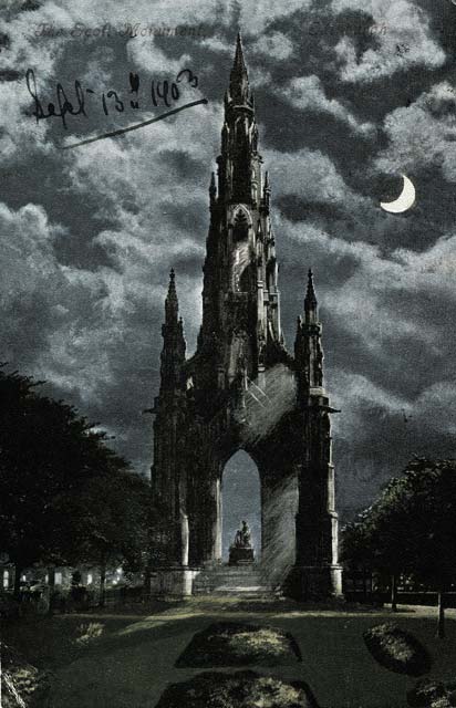 Valentine Postcard -  Moonlight series  -  The Scott Monument, Crescent Moon  -  Posted 1903
