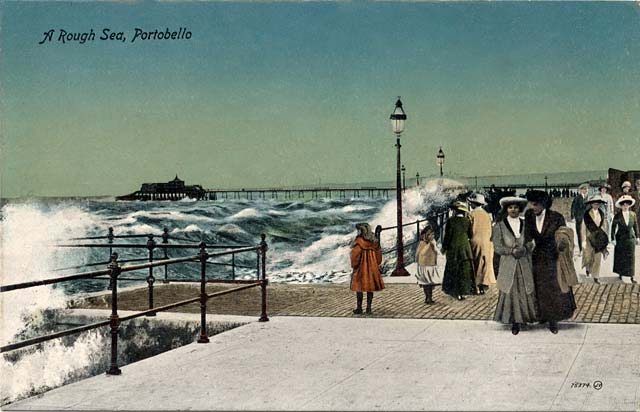 A Rough Sea at Portobello  -  A view including Portobello Pier  -  A Valentine Postcard, based on a 1913 negative.