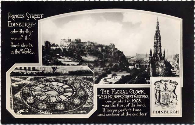 Valentine Postcard  -  View to the west along Princes Street and view of the Floral Clock in West Princes Street Gardens  -  Which Year?