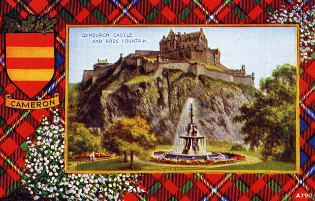 Valentine Postcard  -  Tartan Border  - Cameron  -  Edinburgh Castle and Ross Fountain