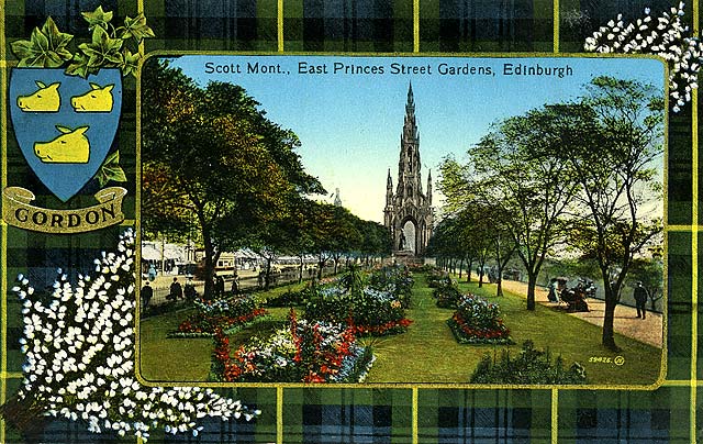 Valentine Postcard  -  Tartan Border  -  Gordon  -  Scott Monument, East Princes Street Gardens