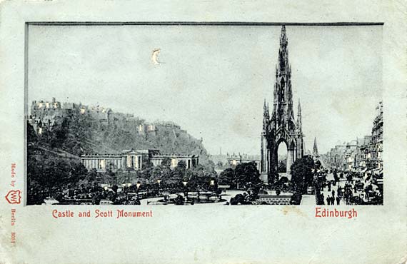 Postcard published by WH Berlin, with many small cut-out windows and moon, to be held up to the light   -  Edinburgh Castle and Scott Monument