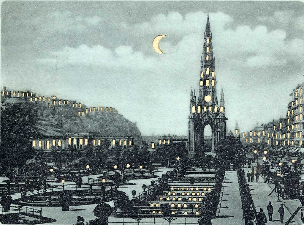 Zoom-in to the picture on a ostcard published by WH Berlin, with many small cut-out windows and moon, to be held up to the light   -  Edinburgh Castle and Scott Monument