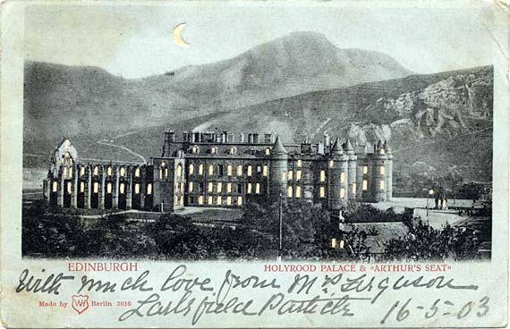 Postcard published by WH, Berlin, with many small cut-out windows and moon, to be held up to the light   -  Holyrood Palace and Arthur's Seat