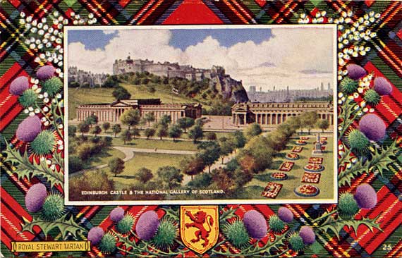 Postcard in the "Best of All" series by J B White Ltd, Dundee  -  Edinburgh Castle and the National Gallery of Scotland  -  framed in a Royal Stewart tartan border