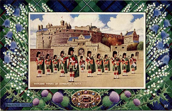 Postcard in the "Best of All" series by J B White Ltd, Dundee  -  Castle and Pipers  -  framed in a MacKenzie tartan border
