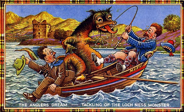 J B White postcard  -  Loch Ness Monster and a car