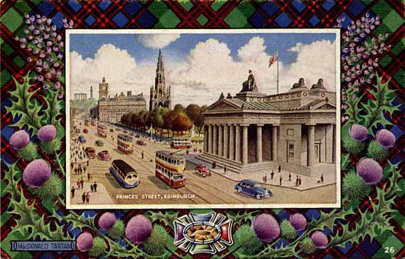 Postcard in the "Best of All" series by J B White Ltd, Dundee  -  Princes Street looking east towards the Scott Monument and the North British Hotel  -  framed by a MacDonals tartan