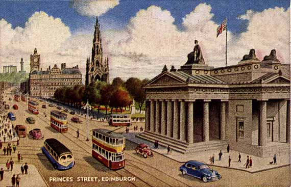 Zoom-in to a postcard in the "Best of All" series by J B White, Dundee -  Princes Street, looking east towards the Scott Monument and the North British Hotel