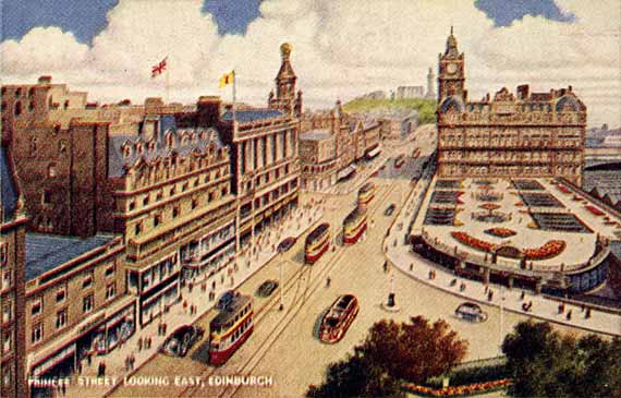 Zoom-in on a postcard in the "Best of All" series by J B White Ltd, Dundee  -  Princes Street looking east towards the North British Hotel