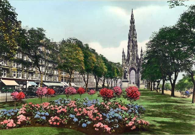 JB White - hand-coloured photo - an intermediate stage in producing a coloured postcard  -  The Scott Monument, Princes Street