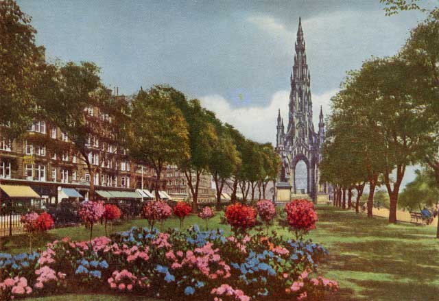 JB White - A coloured postcard  -  The Scott Monument, Princes Street