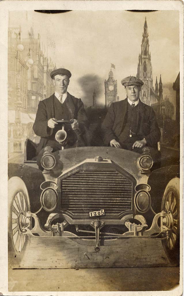 Postcard portrait with a studio car and backdrop by Claude Low