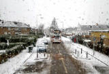 Looking to the west along Boswall Parkway in the snow, from the top deck of a No 19 bus