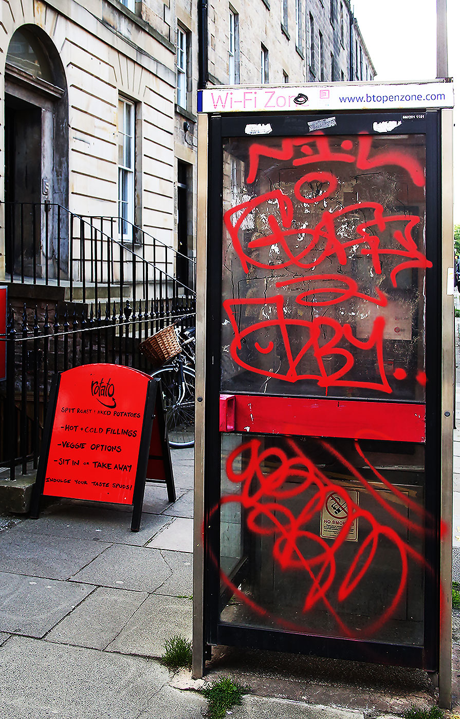 Telephone Box, covered in fraffiti, Buccleuych Street, Edinburgh  -  July 2013