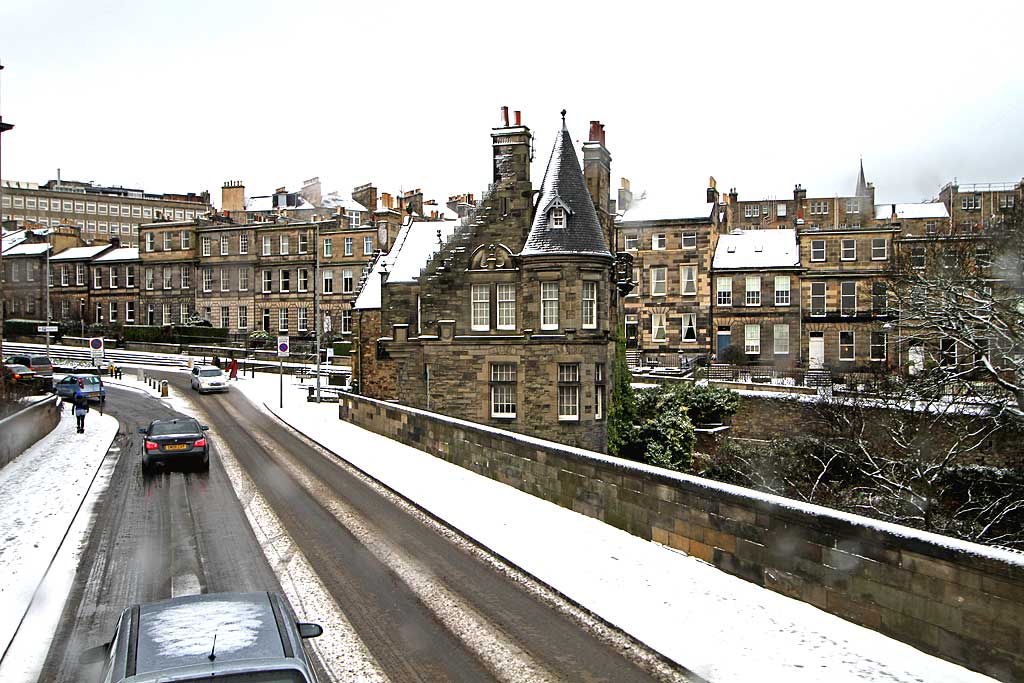 View from the upper deck of a No 19 bus, following a snow storm  -  Looking to the south along Dean Bridge towards the centre of Edinburgh