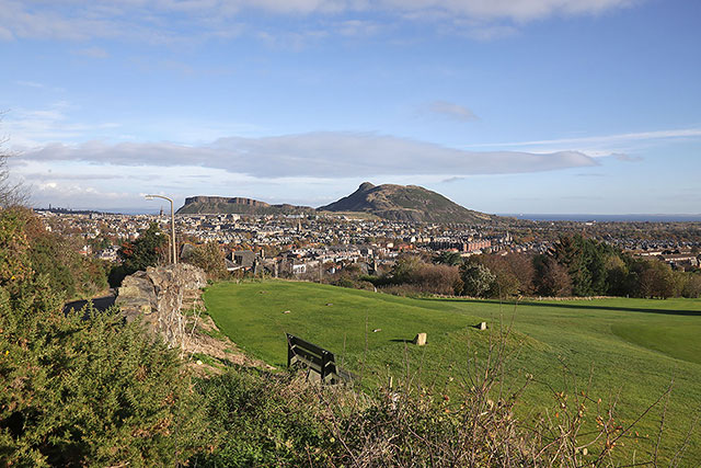 Looking to the NNE towards Salisbury Crags, Arthur's Seat and the Firth of Forth from the top of Observatory Road, Blackford Hill