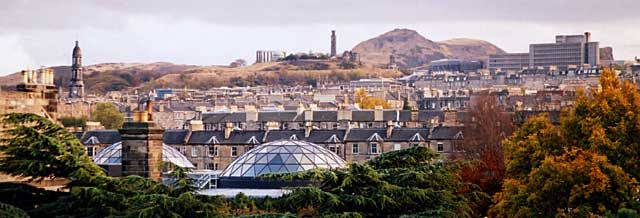 View looking towards Calton Hill and the St James Shoppinc Center from the Royal Botanic Gardens.