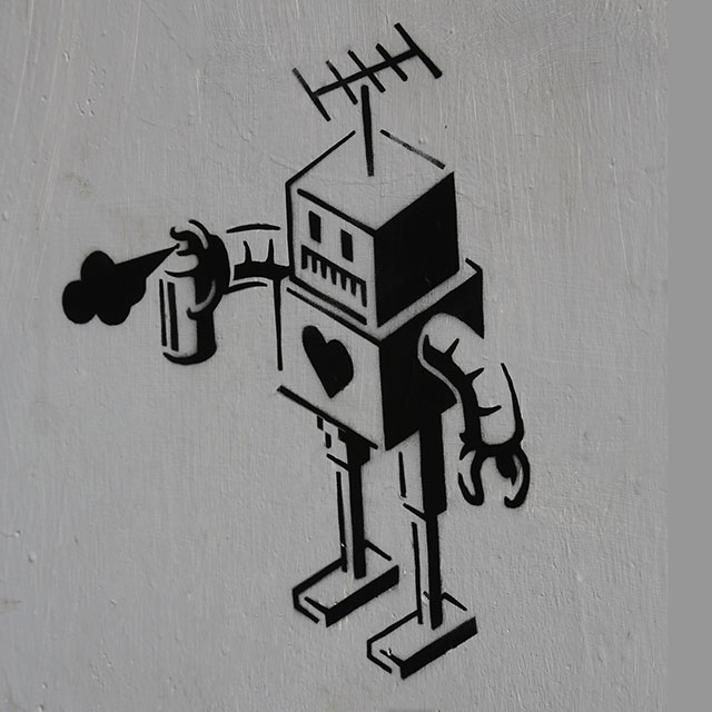 Robot  - a smll transfer picture found beside the Union Canal towpath, near Slateford, Edinburgh  -  October 2014
