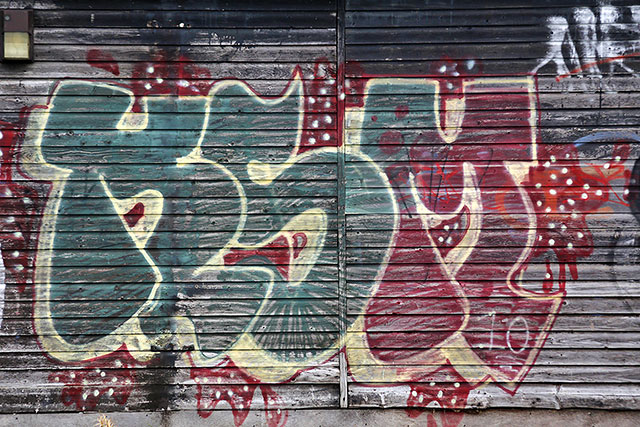 Graffiti on a wooden boat house on the Union Canal at Slateford, Edinburgh  -  October 2014