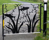 Artwork on a gate across the Union Canal, now used by cyclists and pedestrians  -  between Polwarth and Fountainbridge  -  October 2014