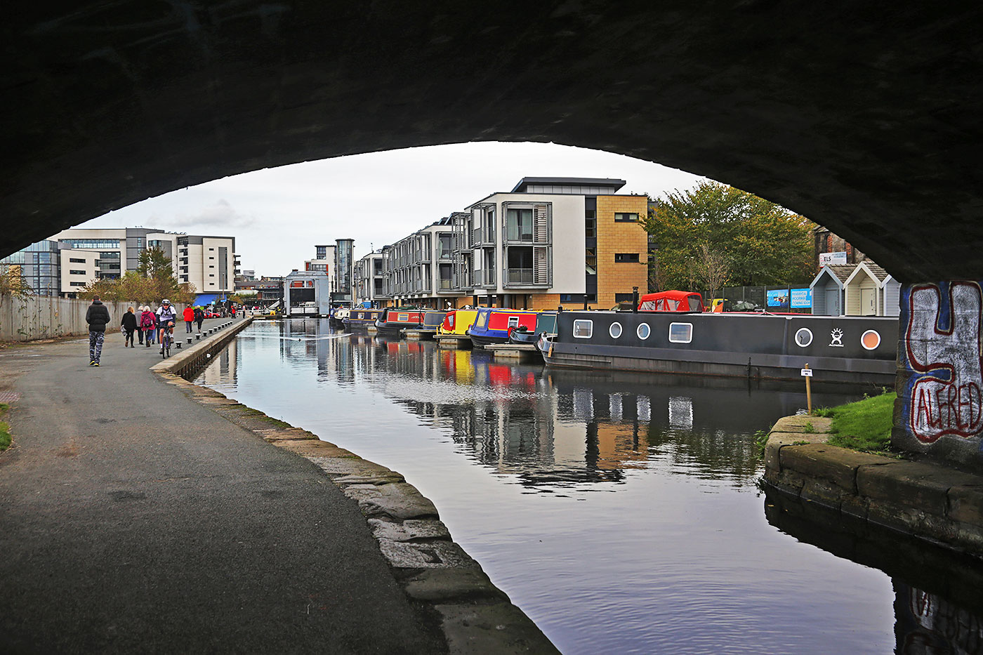 View through a bridge across the Union Canal.  Looking towards Leamington Lift Bridge, Fountainbridge, Edinburgh  -  October 2014